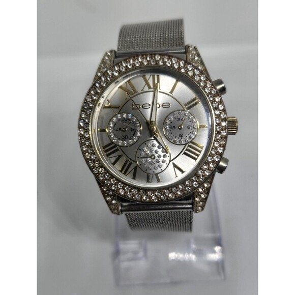Bebe Ladies' Silver/Gold Toned Rhinestone Analog Watch. New battery. - Picture 1 of 7